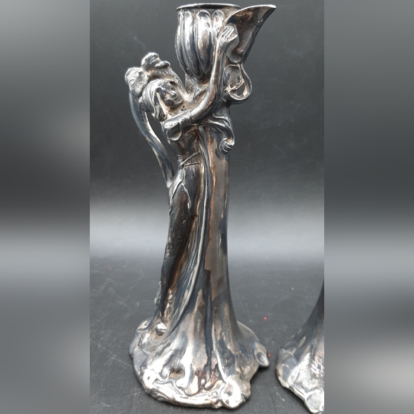 2 Antique Art Nouveau Silver Plate Figural Lady Candlesticks SIMPSON HALL MILLER - Picture 2 of 9